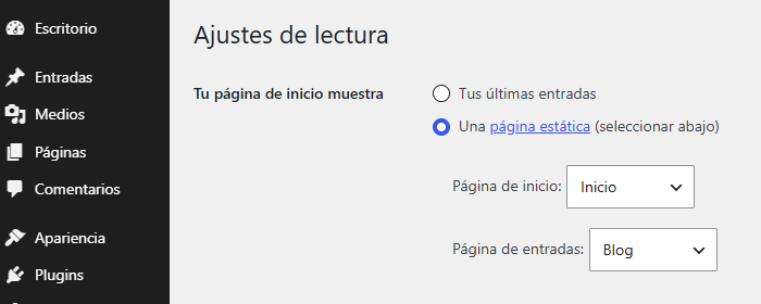 Ajustes de lectura de WordPress con una página de entradas seleccionada