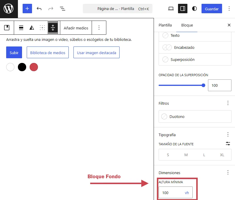 Configuración de la altura mínima del bloque Fondo utilizando unidades vh