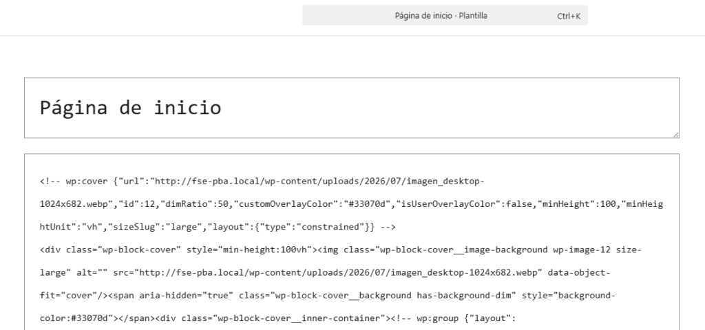 Código de la plantilla Página de inicio en WordPress