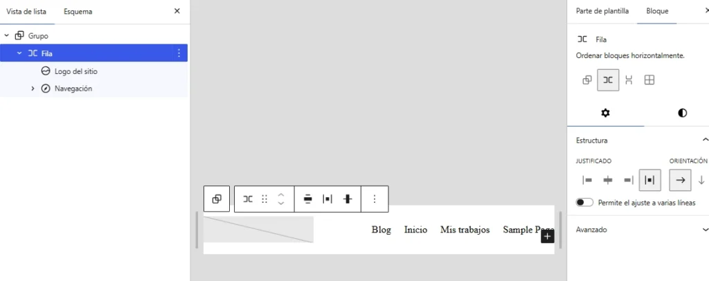 Crear header FSE mediante una Parte de plantilla con Grupo, Fila y Navegación