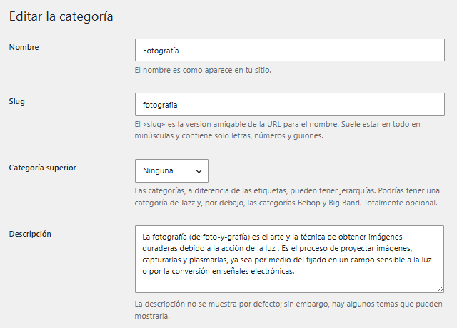 Descripción de la categoría Fotografía en WordPress