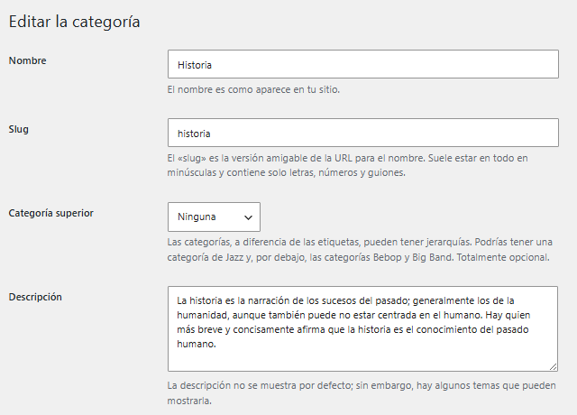 Descripción de la categoría Historia en WordPress