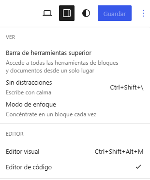 Opción Editor de código del Editor del sitio de WordPress