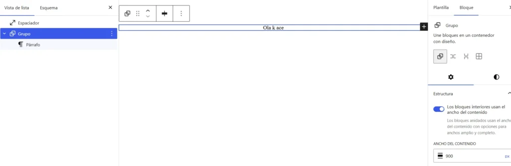 Configuración del bloque Grupo que contiene el párrafo de la portada