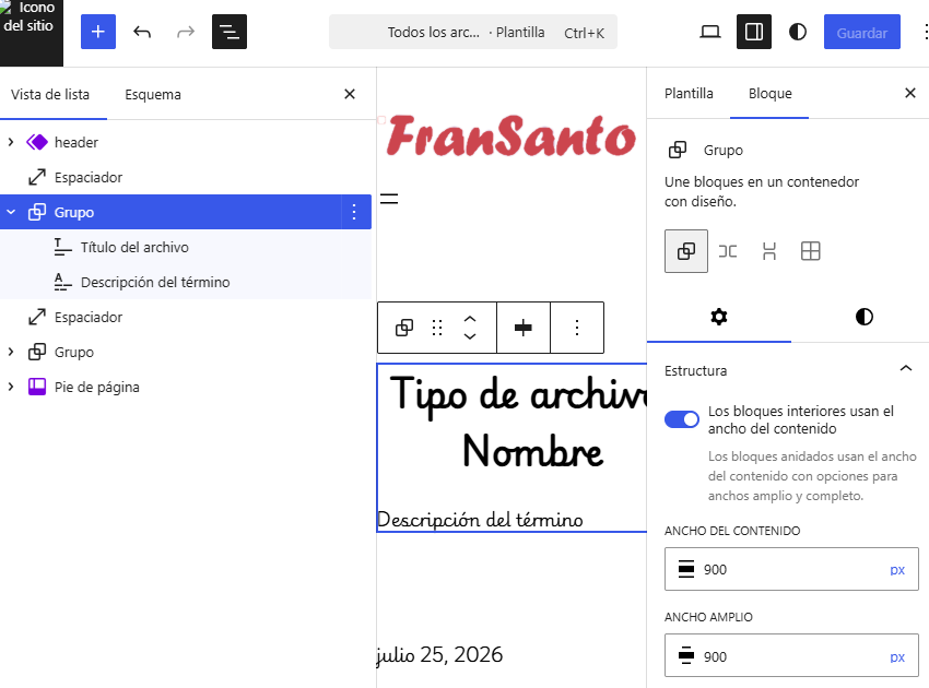 Bloque Grupo de la plantilla Todos los archivos en el Editor del sitio de WordPress