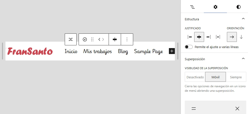 Configuración del bloque Navegación de la cabecera en WordPress