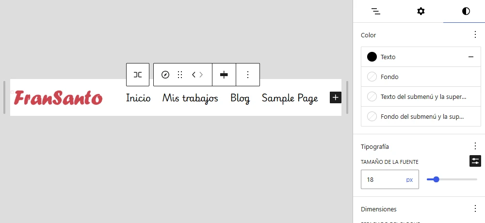 Ajustes de estilo del bloque Navegación en el Editor del sitio