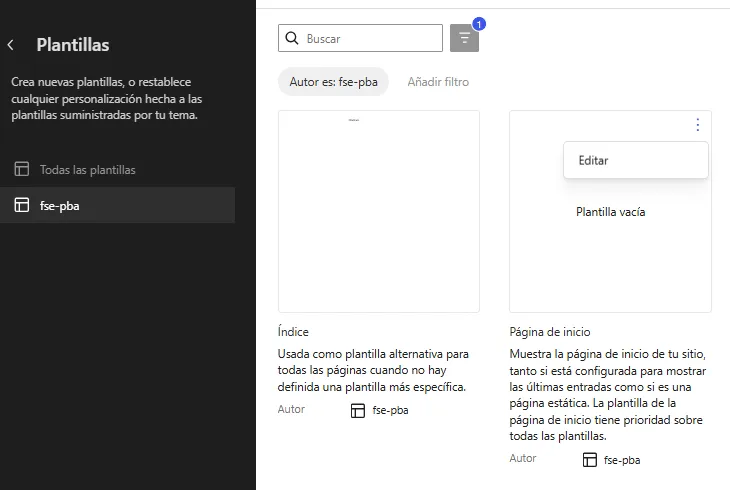 Página de inicio vacía en el Editor del sitio de WordPress