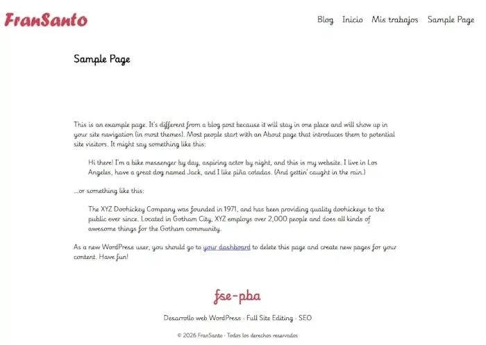 Plantilla sample page en el navegador.
Vista header, contenido y footer