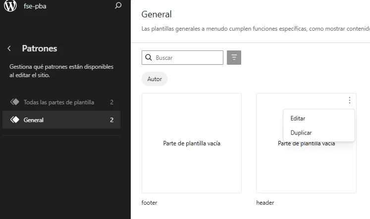Patrones de cabecera y pie de página del tema en el Editor del sitio