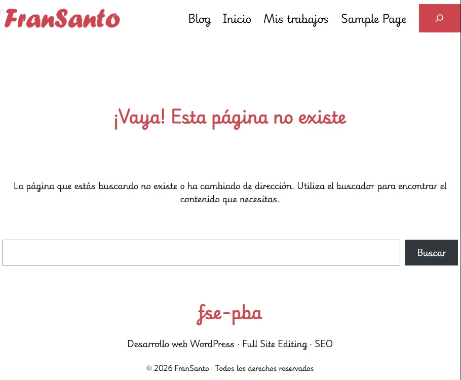 Resultado final de la plantilla 404 en WordPress