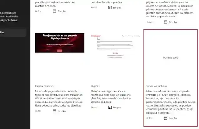 Plantilla de archivo vacía en el Editor del sitio de WordPress