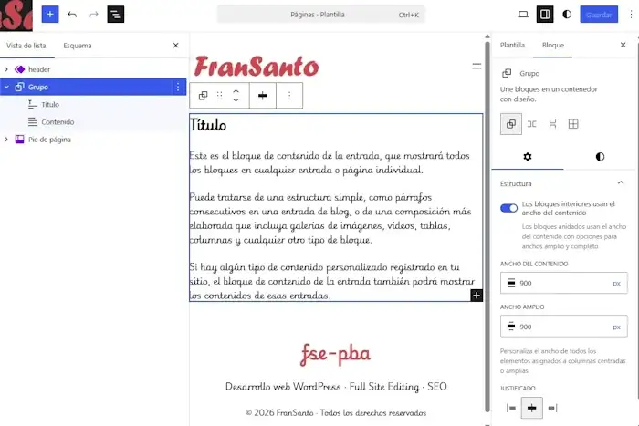 Plantilla de páginas del tema Fuel Site Editing en el Editor del sitio