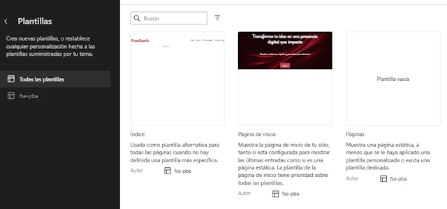 Plantilla template Páginas en la zona de Plantillas dentro del administrador