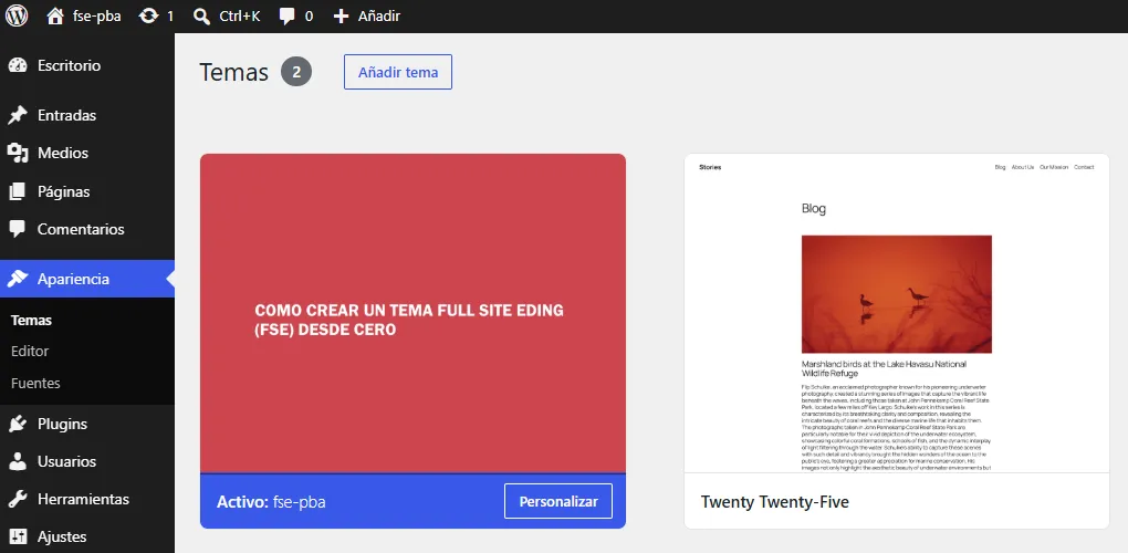 Tema Full Site Editing activado en WordPress
