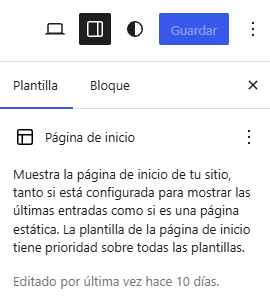 Opciones de la plantilla Página de inicio en el Editor de WordPress