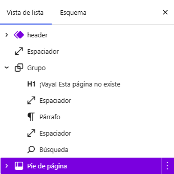 Estructura de bloques de la plantilla 404 en WordPress