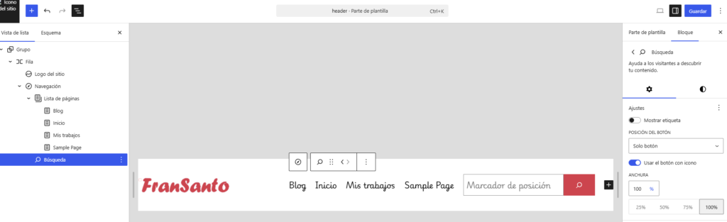 Bloque Buscar añadido desde el Editor del sitio de WordPress