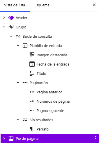 Vista de lista de la plantilla del blog con el bloque Bucle de consulta