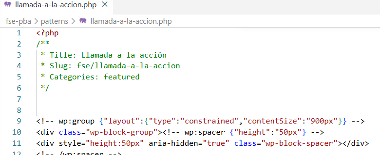 Código del patrón Llamada a la acción en Visual Studio Code