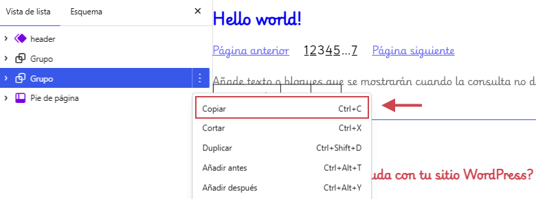 Copiar un grupo de bloques desde el Editor de WordPress