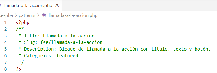 Código PHP de la cabecera del patrón con la descripción