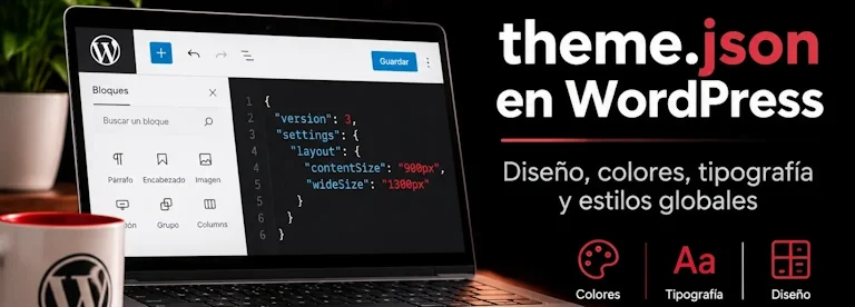 Ilustración de theme.json en WordPress, con un portátil que muestra un ejemplo de código y los apartados de diseño, colores y tipografía.