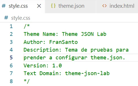 Archivo style.css del tema Theme JSON Lab abierto en Visual Studio Code, con los datos del tema, su autor, descripción, versión y dominio de texto.  Esta imagen pertenece a configurar theme.json en WordPress.