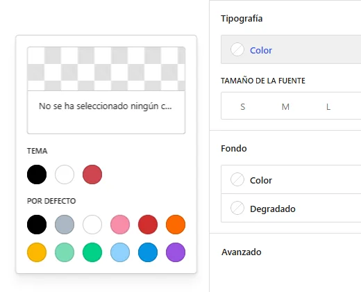 Editor de WordPress con la paleta de tres colores personalizados del tema y los colores predeterminados, junto al panel de tipografía y fondo.  