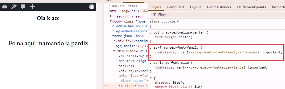 Página web con texto en la fuente Fraunces y herramientas de desarrollo del navegador que muestran resaltada la regla CSS font-family responsable de aplicar esta tipografía.