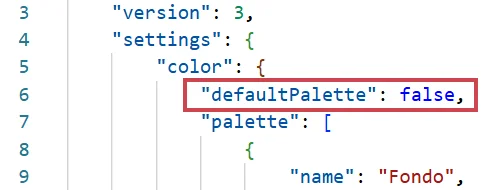 Código de theme.json con la propiedad defaultPalette: false resaltada dentro de settings.color para desactivar la paleta predeterminada de WordPress. 