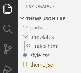 Archivo theme.json con la estructura mínima de un tema fse, es el inicio para configurar theme.json en WordPress