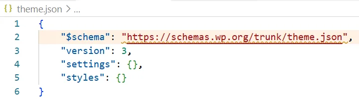 Archivo theme.json con la estructura inicial en formato JSON, que incluye las propiedades $schema, version, settings y styles. 