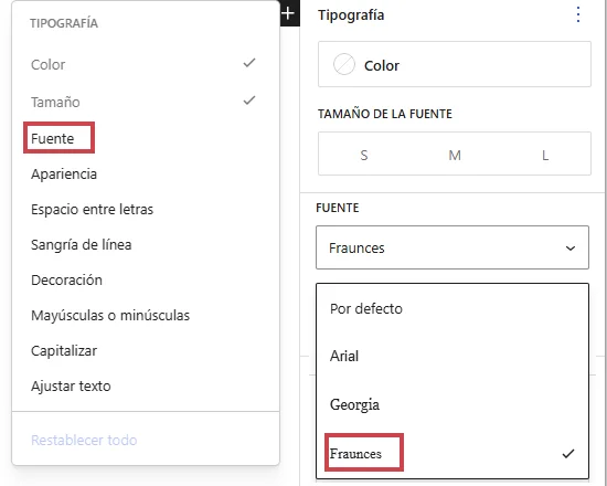 Panel de tipografía del editor de WordPress con la familia Fraunces seleccionada y resaltada en el selector de fuentes disponibles del tema. 