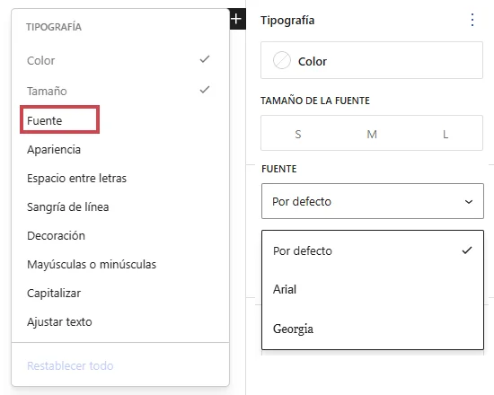 Panel de tipografía del editor de WordPress con el selector de fuentes abierto, mostrando las familias Arial y Georgia disponibles para el tema. 